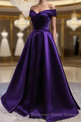 Purple Satin Off Shoulder Long Semi Formal Prom Dress,A-line Simple Women Semi Formal Prom Dresses